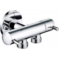 ДВУПЪТЕН ЪГЛОВ КРАН С КЕРАМИЧНИ ГЛАВИ И РОЗЕТКА 1/2"х1/2"х1/2" ELS-1051