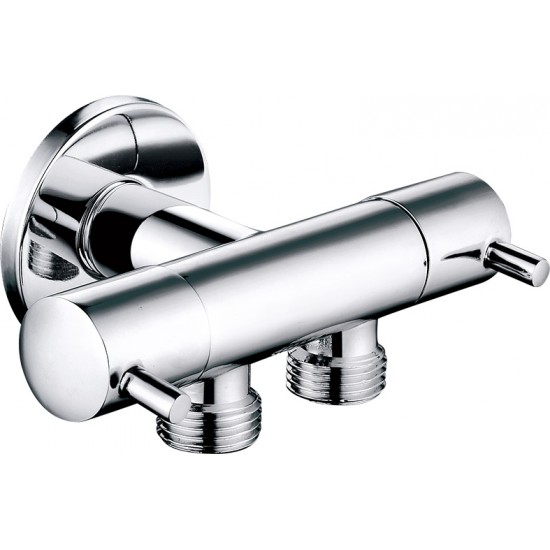 ДВУПЪТЕН ЪГЛОВ КРАН С КЕРАМИЧНИ ГЛАВИ И РОЗЕТКА 1/2"х1/2"х1/2" ELS-1051
