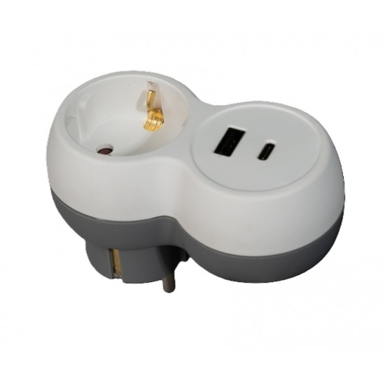ПРЕХОДНИК ЗА КОНТАКТ 16A 250V С USB-A + USB-C PD20W БЯЛ/СИВ ELS-VRM0101U2