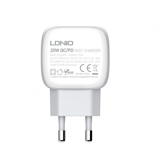 ЗАРЯДНО У-ВО ЗА БЪРЗО ЗАРЕЖДАНЕ PORT USB-A + USB Type-C С КАБЕЛ USB  type-C PD + QC3.0 20W 100-240V  A2313C